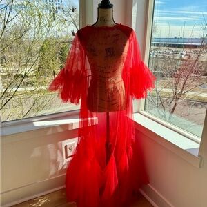 Red Sheer Tulle Gown with Dramatic Sleeves